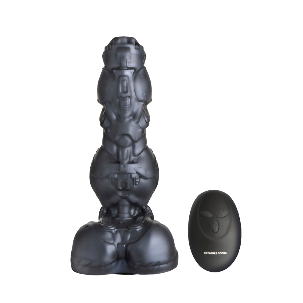 A black cyborg-shaped silicone dildo with a remote control.