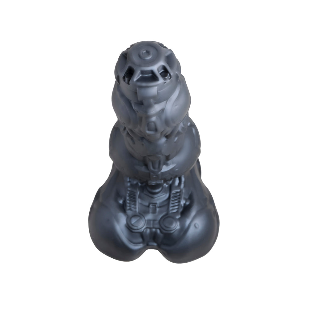 A gray, futuristic-looking dildo with intricate details and a ribbed top.