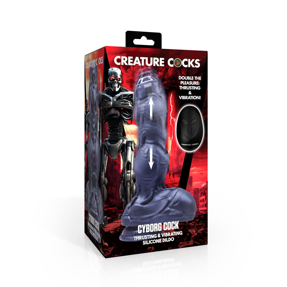 A cyborg-themed silicone dildo with thrusting and vibrating features on its packaging.