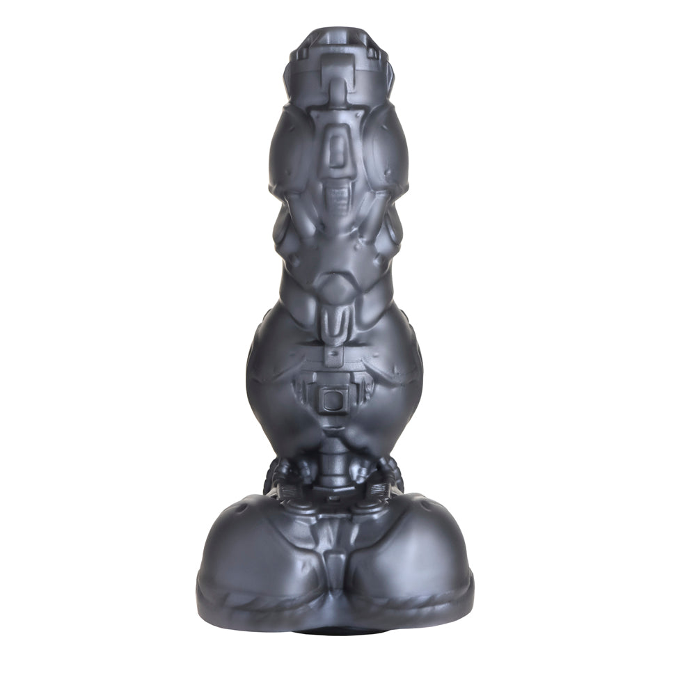 A silver cyborg-themed silicone dildo with a wide base.
