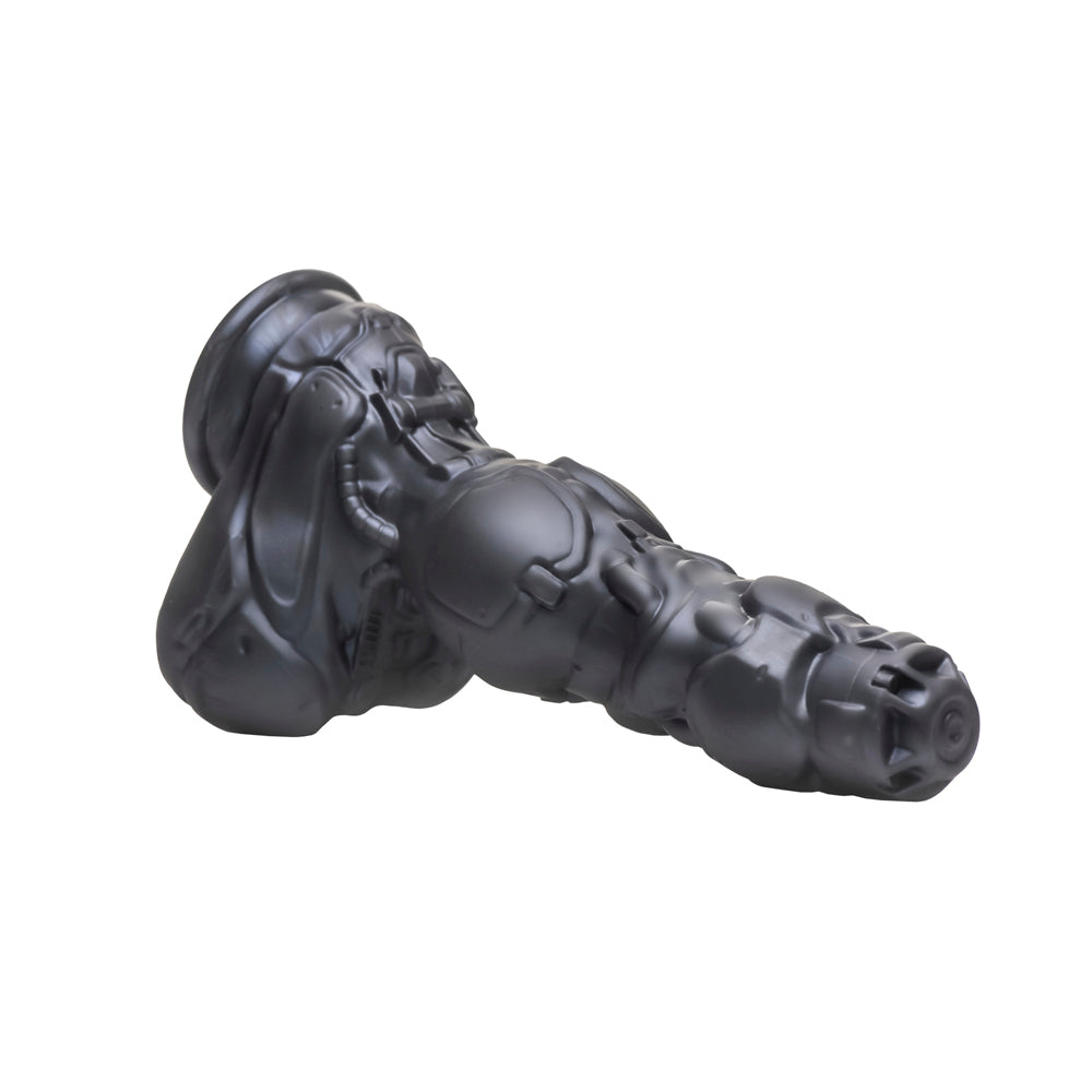 A black cyborg-themed silicone dildo with intricate details and a textured tip.