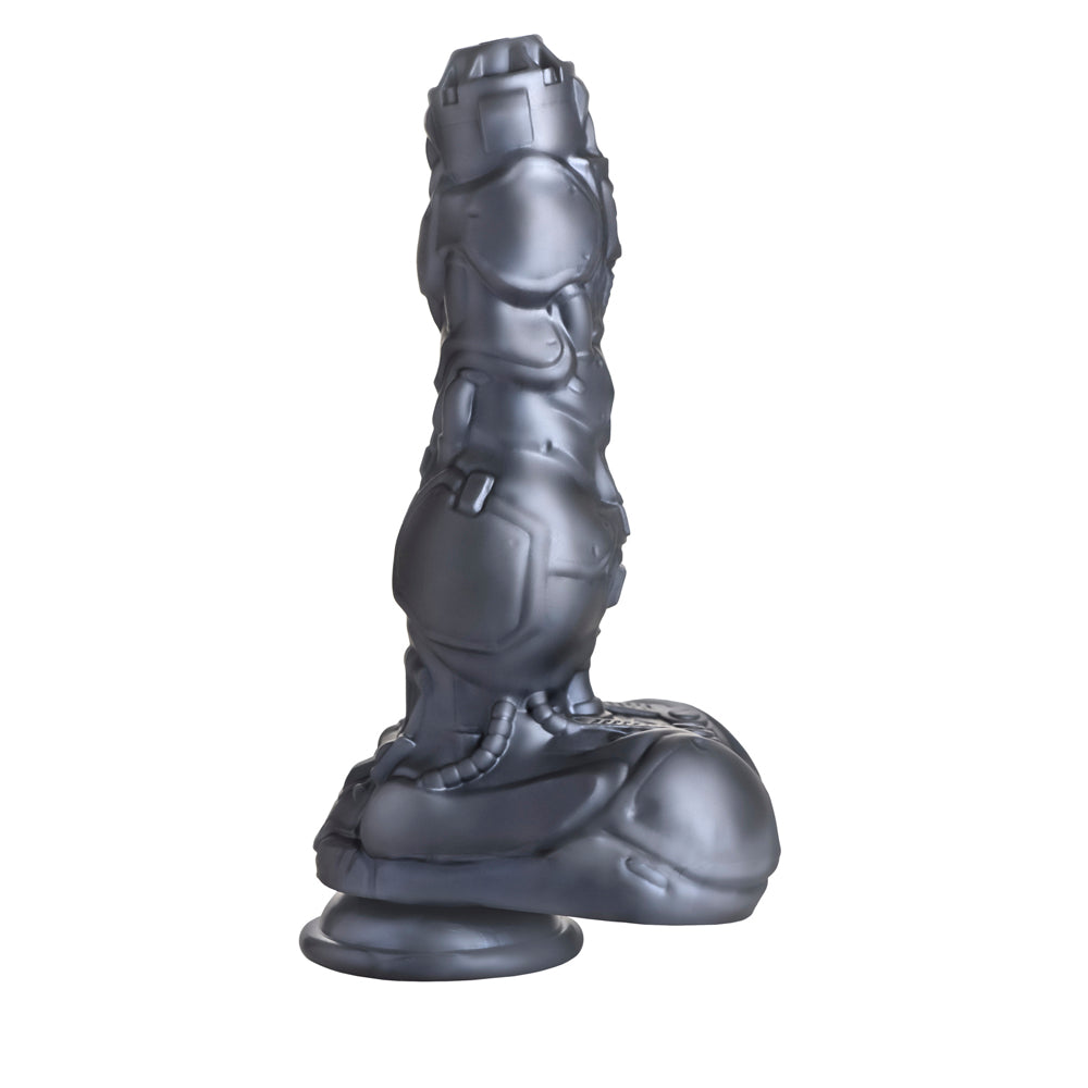 A silver cyborg-themed silicone dildo with a wide base.