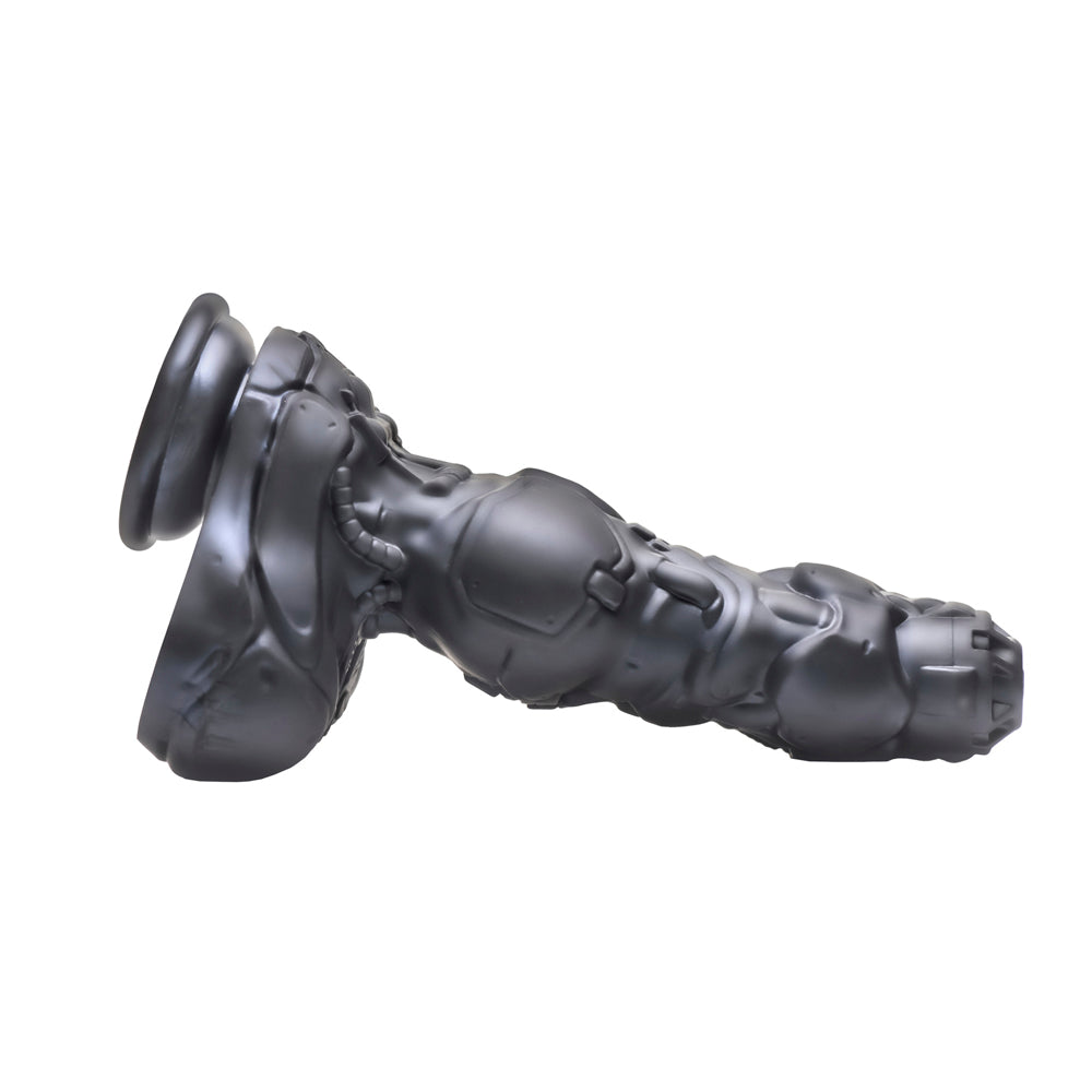 A black, cyborg-themed silicone dildo with a flanged base.