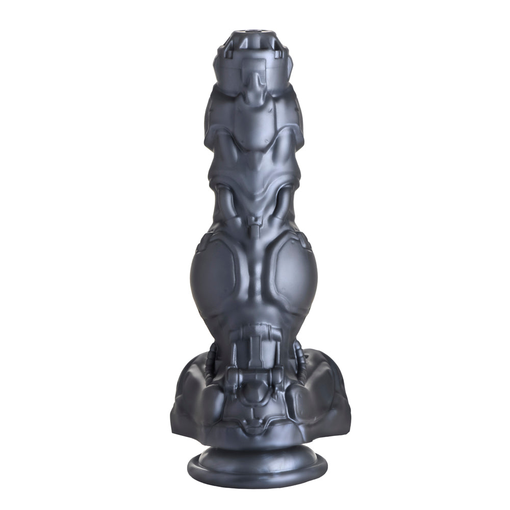 A silver cyborg-themed silicone dildo with a flanged base.