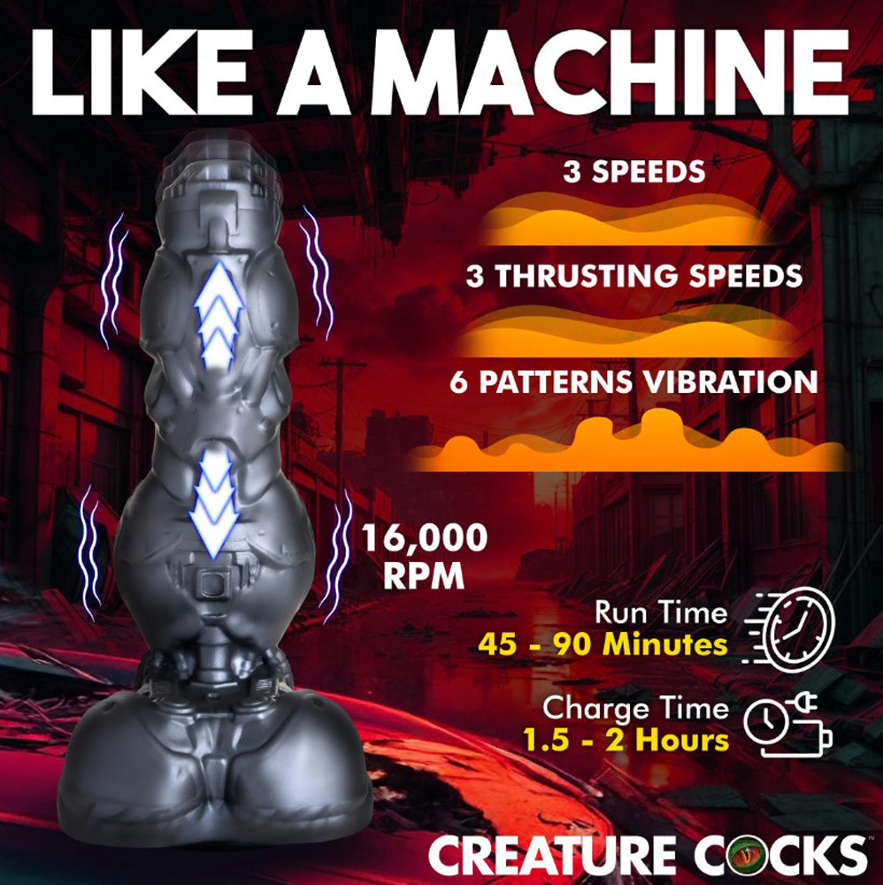 A silver cyborg-themed dildo with thrusting and vibration features.