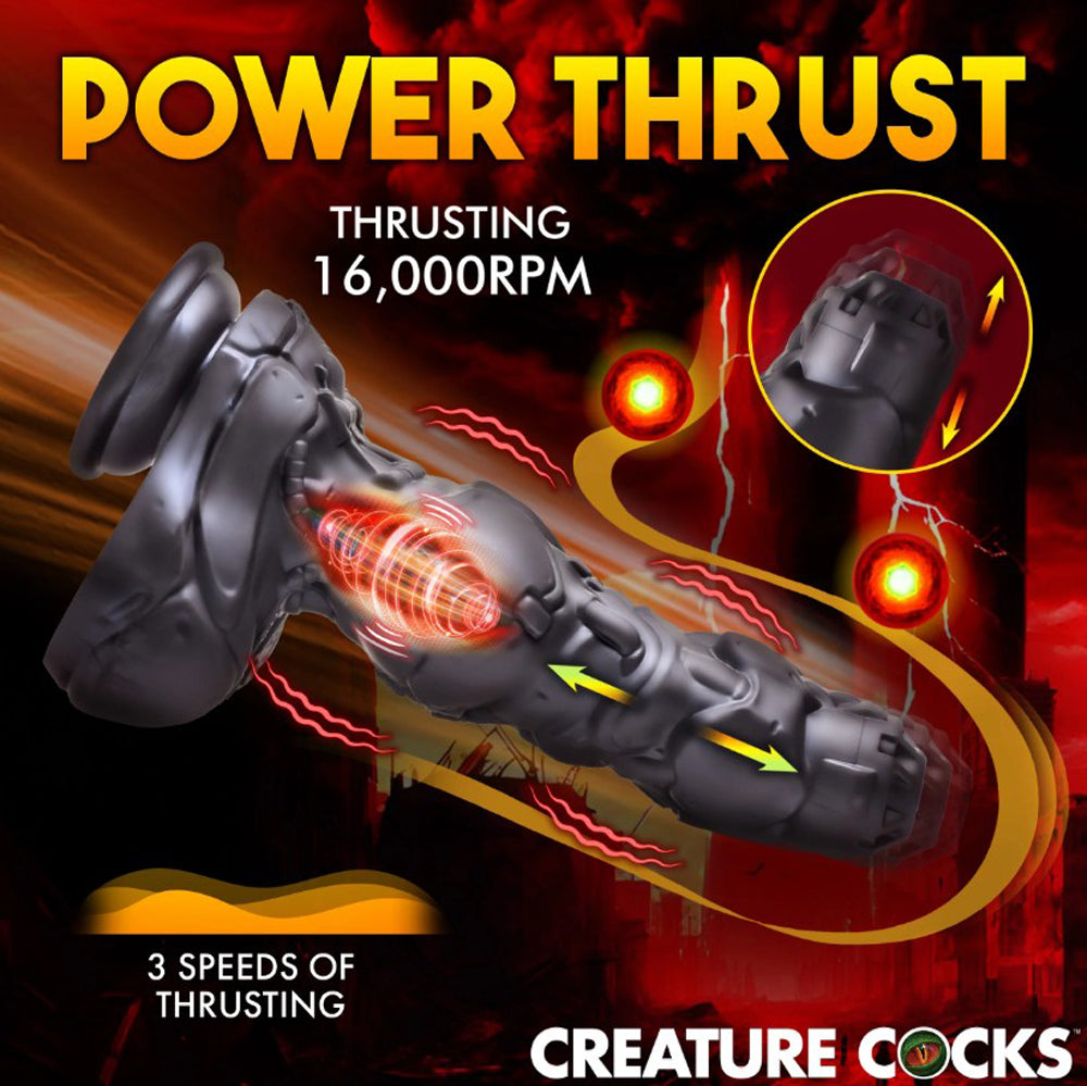 Cyborg dildo with thrusting and vibration features.