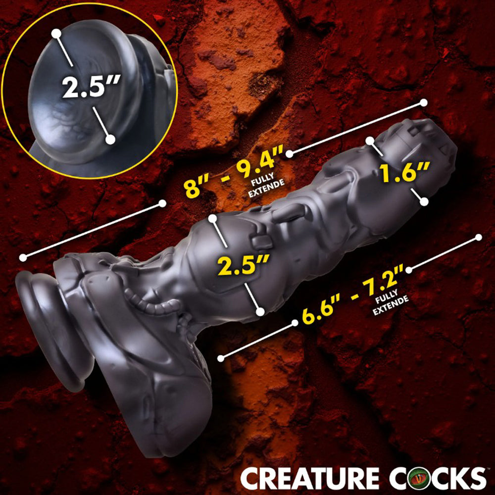 A silver cyborg dildo with measurements indicated.
