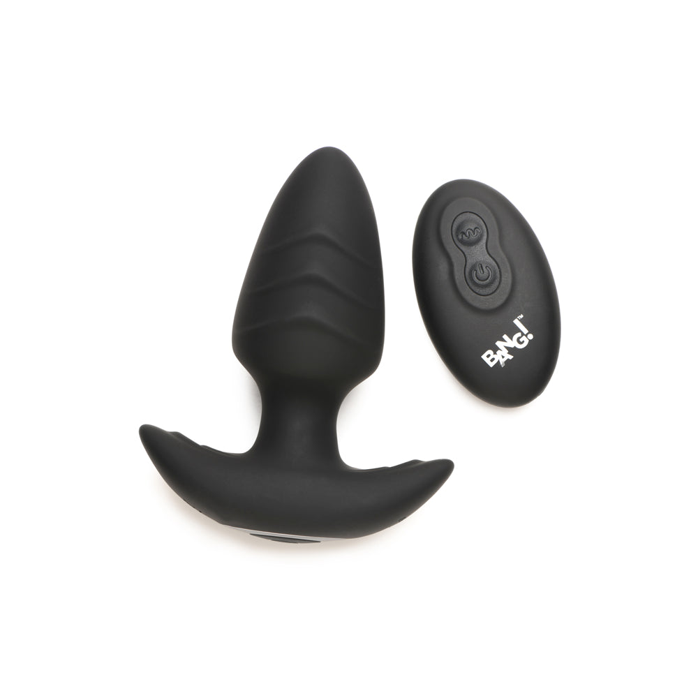 Black silicone anal plug with a remote control.
