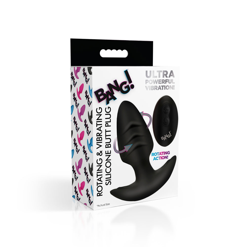 Black silicone rotating and vibrating anal plug with remote control.