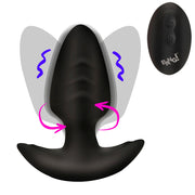 Black silicone anal plug with remote control and motion indicators.