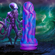 Purple and blue octopus-themed silicone dildo with a suction cup base.