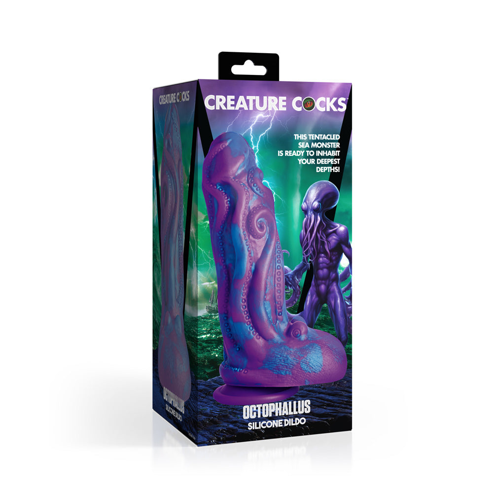 A purple and blue octopus-themed silicone dildo with a suction cup base.