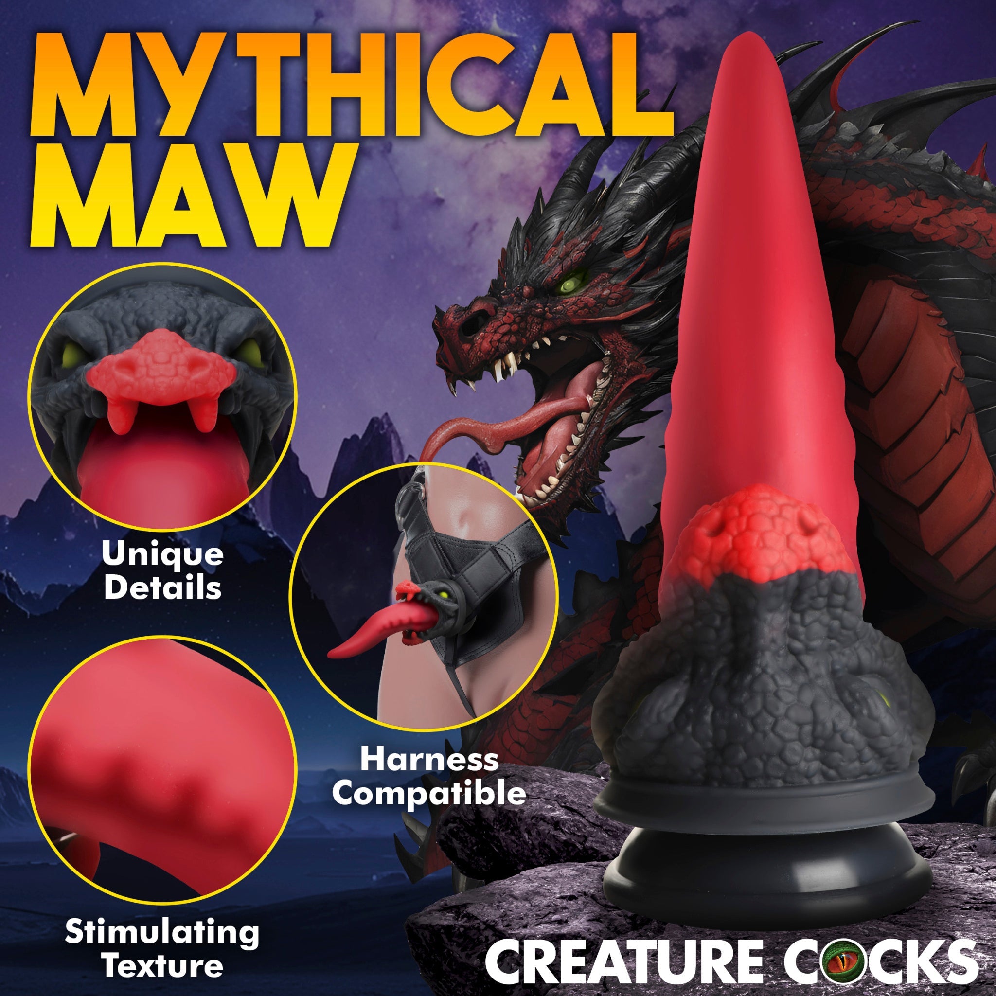 Dragon Roar fantasy dildo with suction cup base and harness compatibility.
