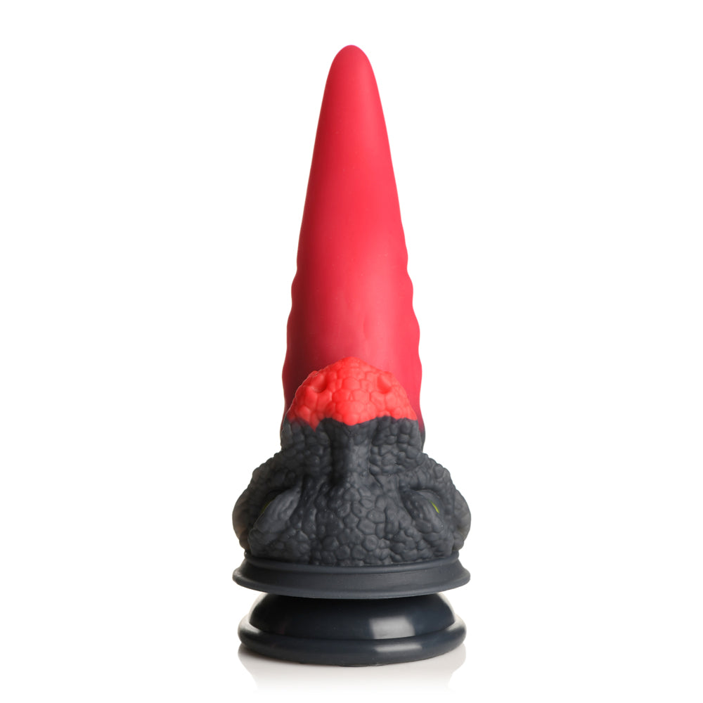 Red and black dragon fantasy dildo with suction cup base.