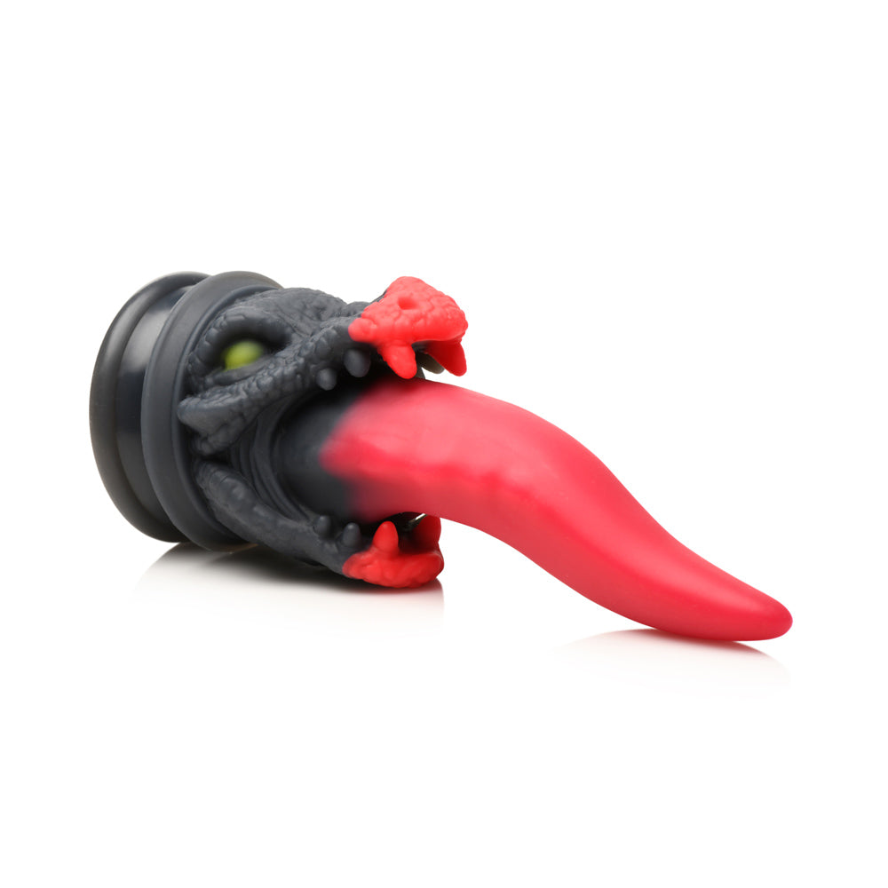 Dragon Roar silicone dildo with suction cup and red tongue.