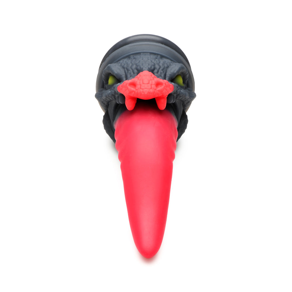 Dragon Roar silicone dildo with red tongue and green eyes.