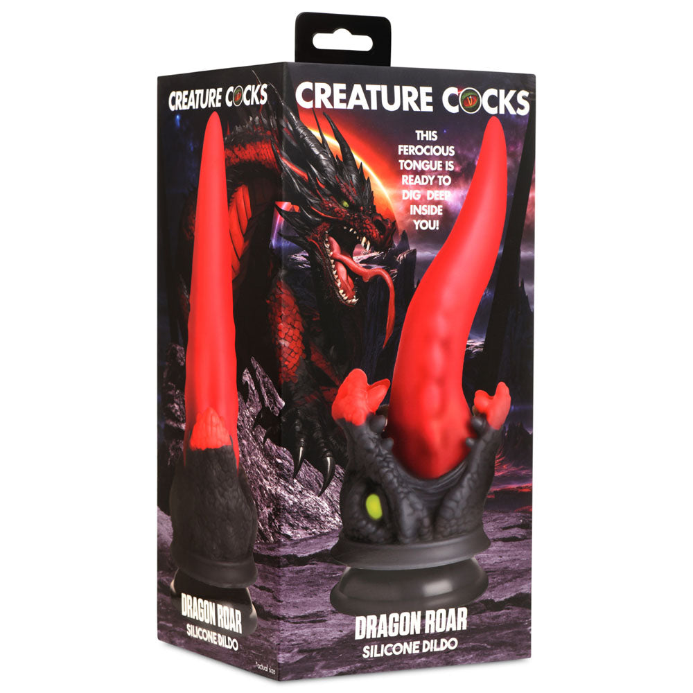 Dragon Roar silicone dildo with a dragon base and red tongue.