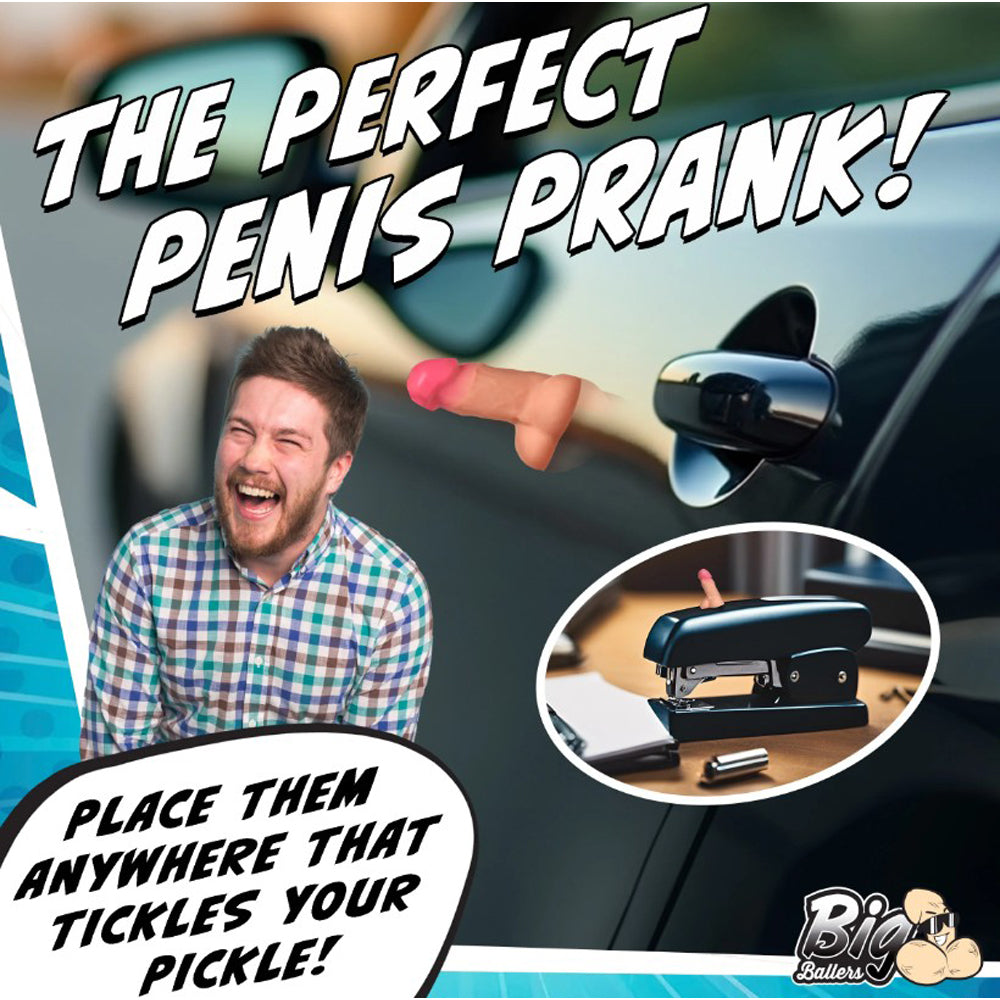 Magnetic mini silicone dildo prank set with a man laughing and a stapler.