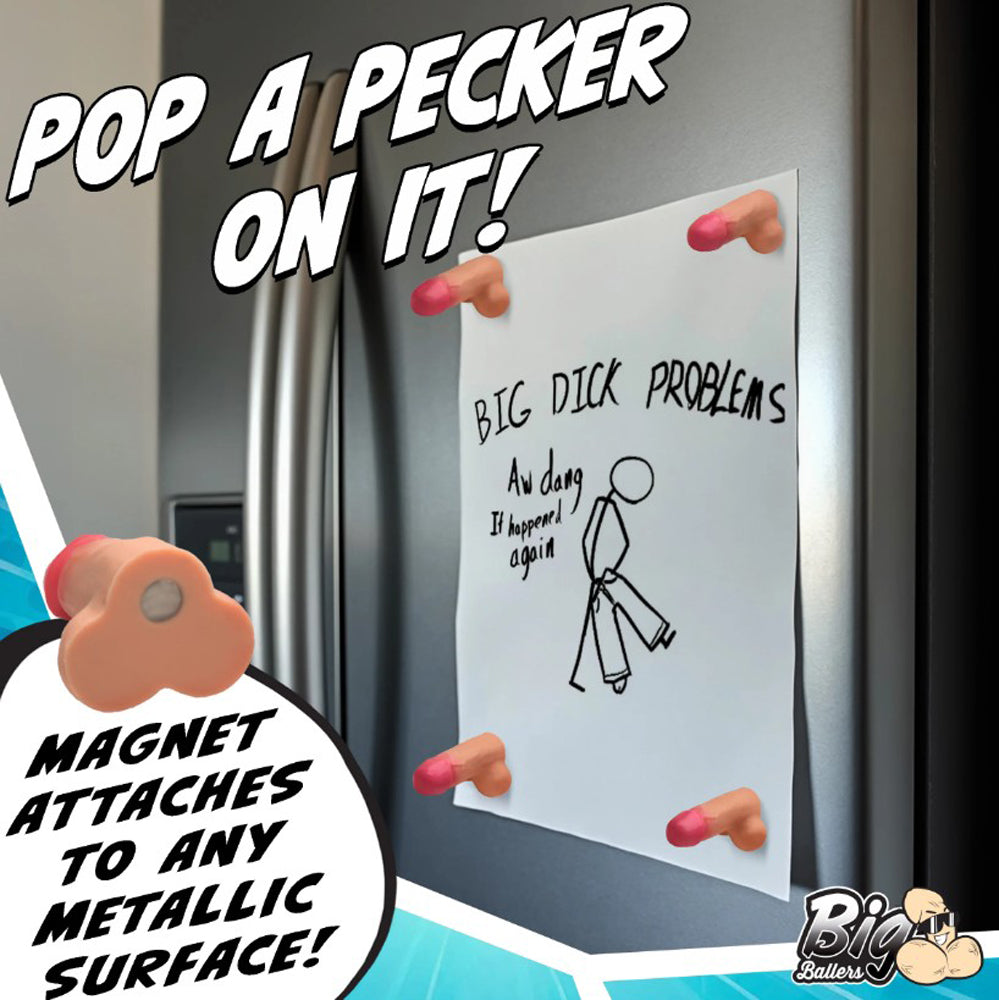 Four novelty penis-shaped magnets attached to a refrigerator.
