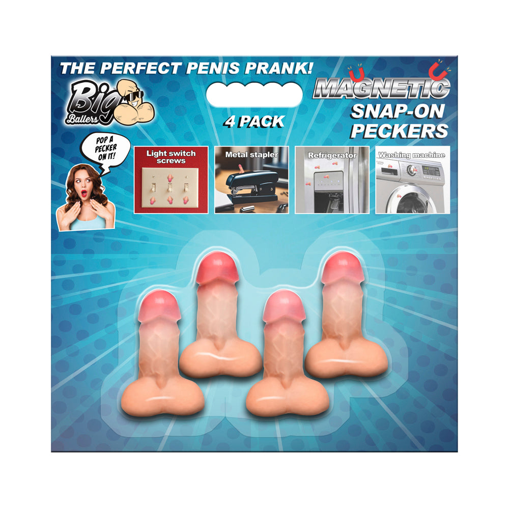 4-pack of magnetic mini silicone dildos in light color for pranks.