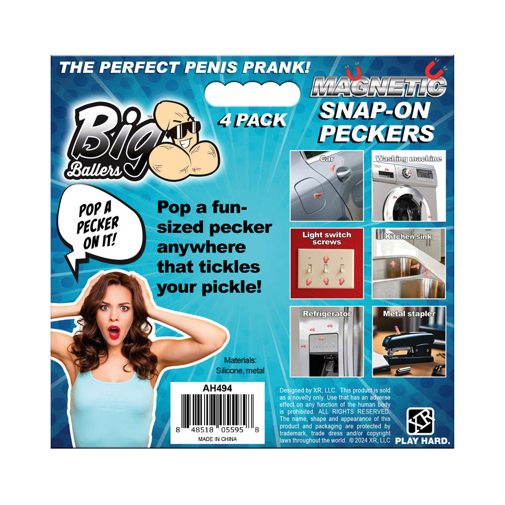 A 4-pack of magnetic mini silicone dildo pranks with a cartoon penis character.