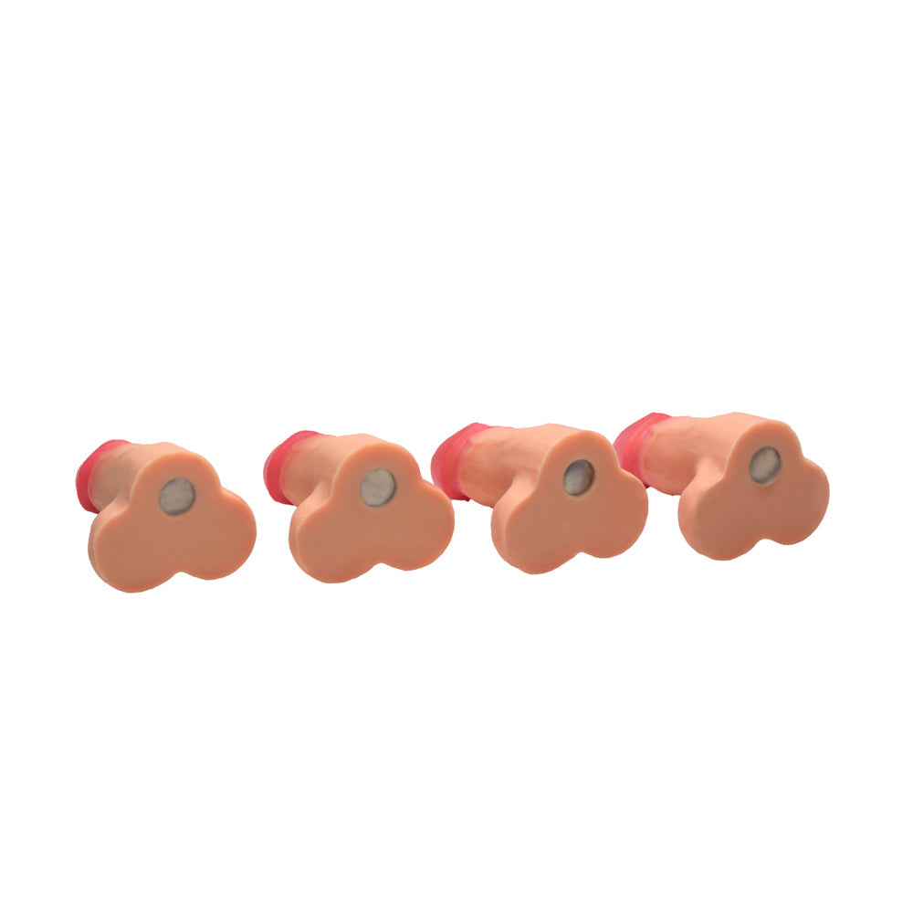 Four magnetic mini silicone dildos in a light color.
