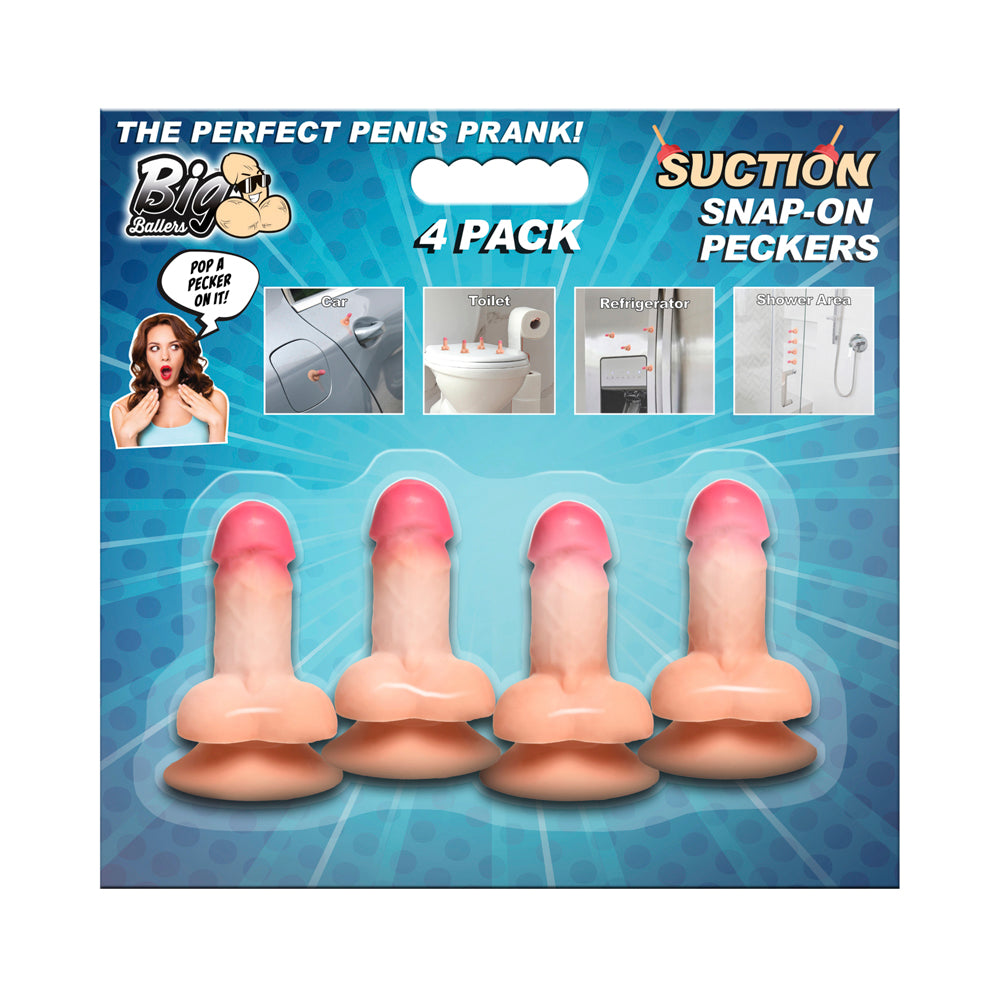 Four mini silicone suction cup dildos in light color, novelty 4-pack set.
