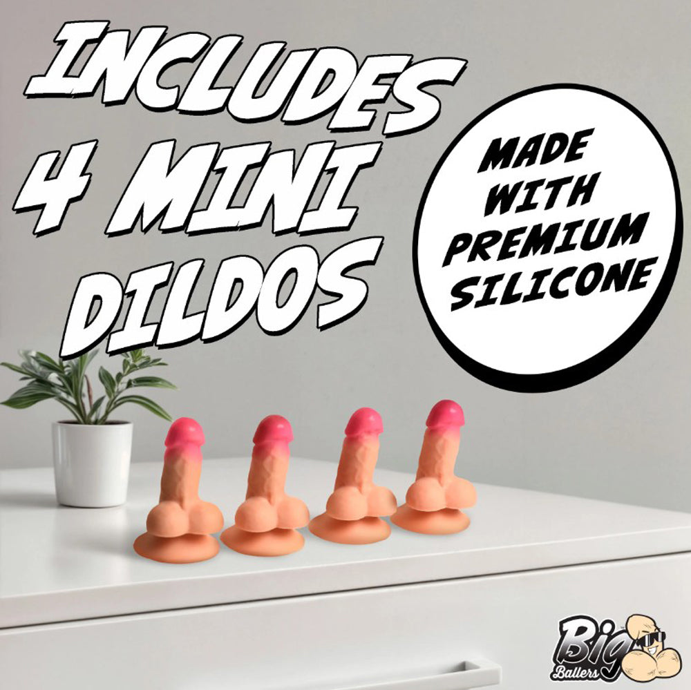 Four mini pink and peach silicone dildos with suction cup bases.