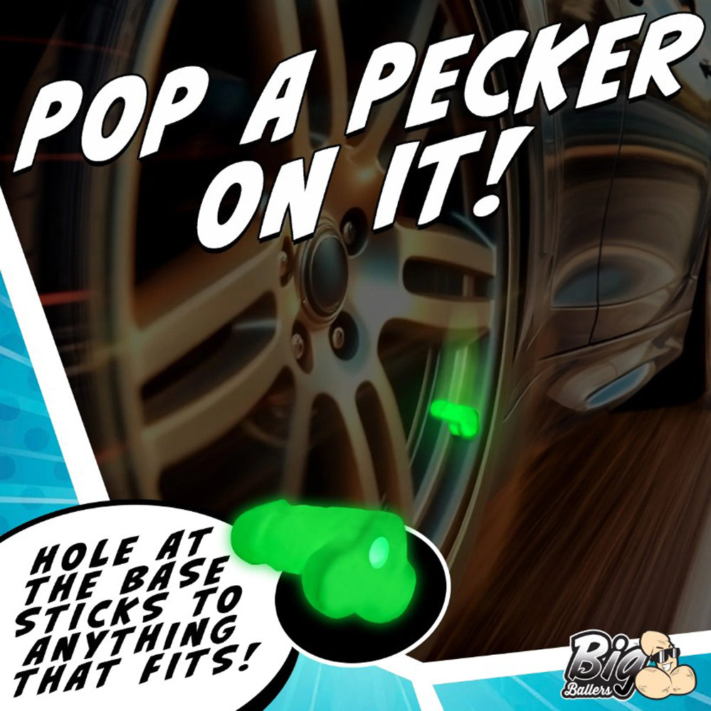 Glow-in-the-dark mini silicone novelty dildos attached to a car tire valve.
