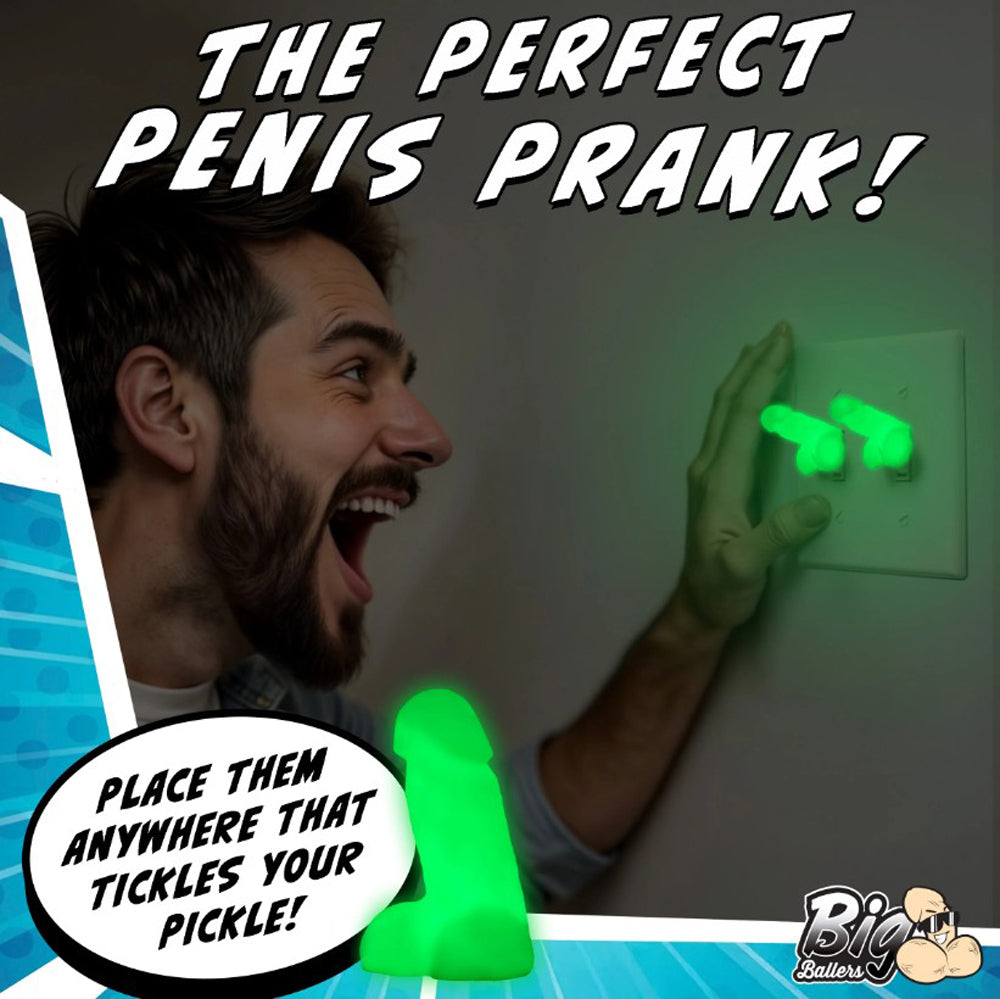 Glow-in-the-dark mini silicone novelty dildos attached to a light switch.