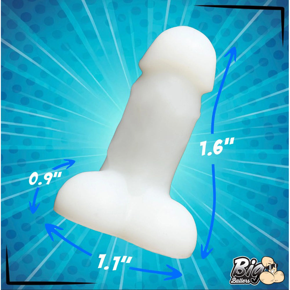 White mini silicone novelty dildo on blue background with dimensions 1.6" long, 1.1" wide, 0.9" high.