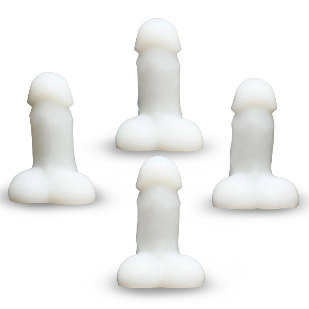 Four white mini novelty dildos stand upright.