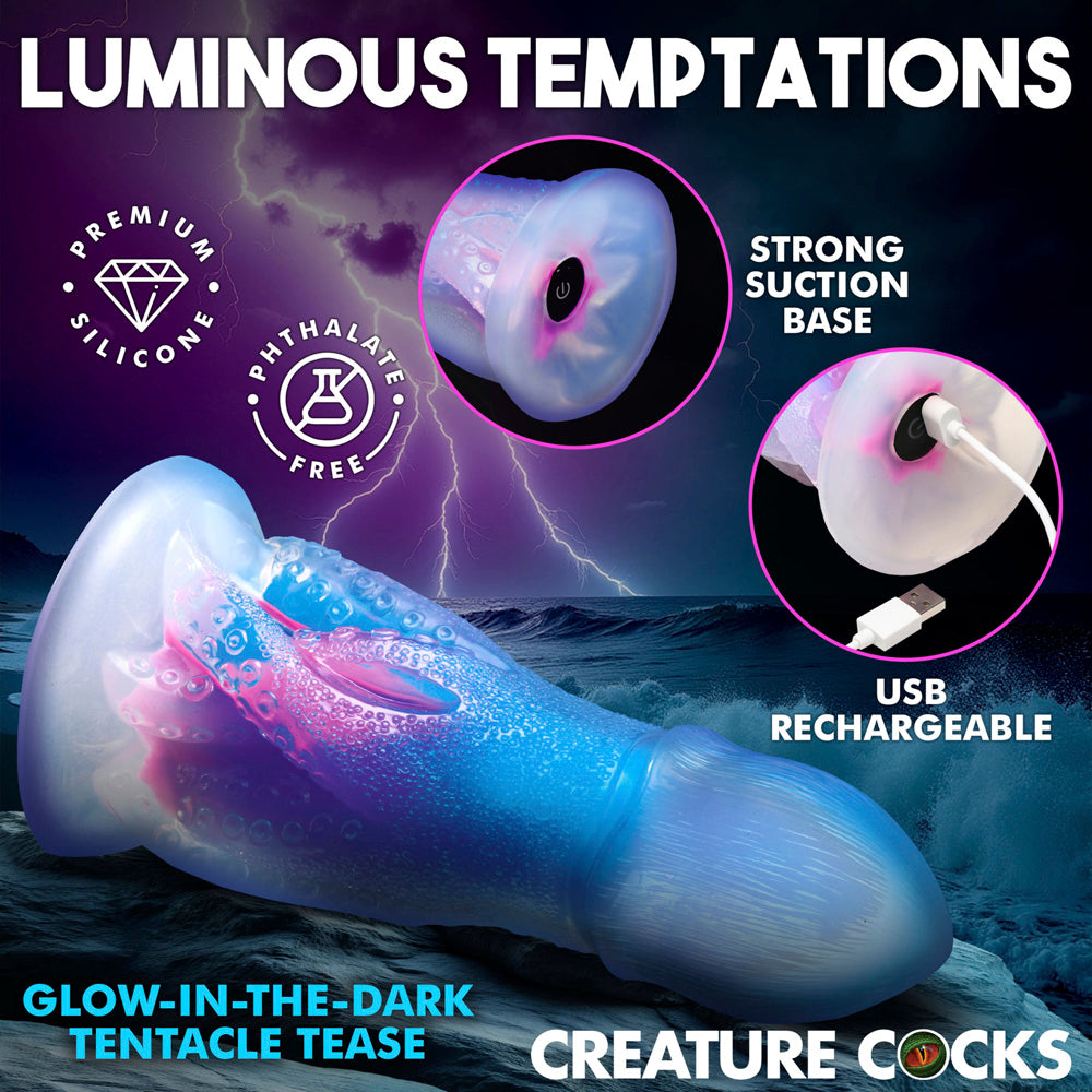 A blue and purple glow-in-the-dark silicone dildo with tentacles and a suction base.