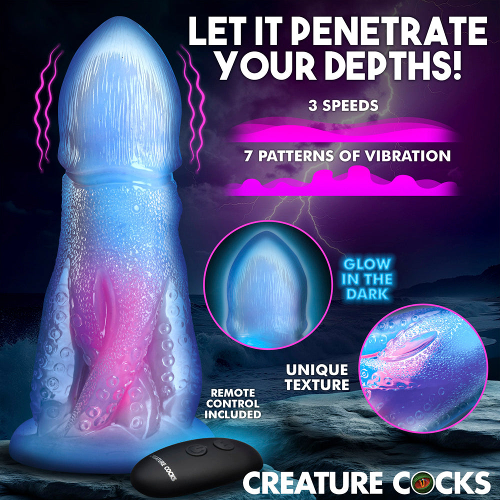 Glow-in-the-dark octopus dildo with remote control and unique texture.