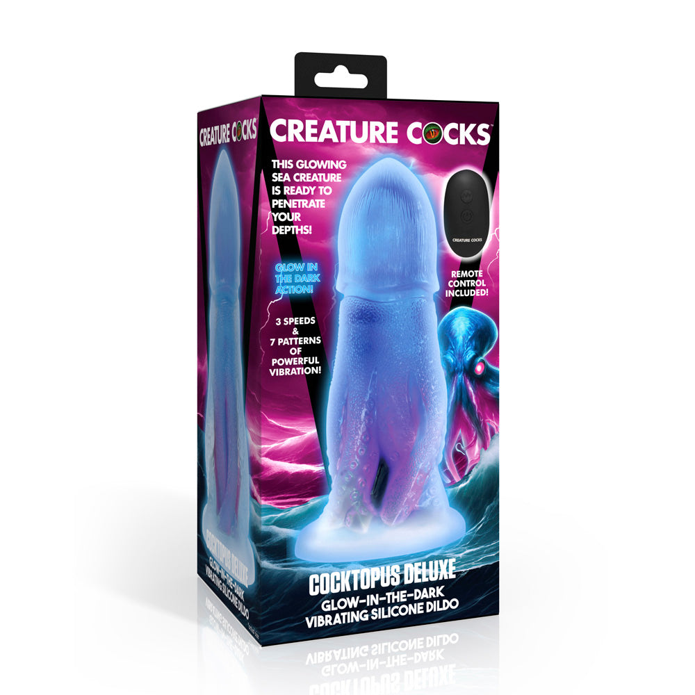 Glow-in-the-dark octopus vibrating silicone dildo with remote control.