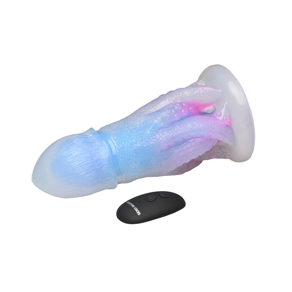 A glow-in-the-dark silicone dildo shaped like an octopus with a remote.