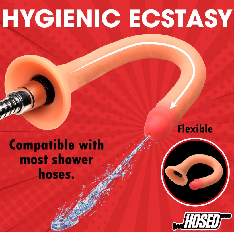 A flexible, peach-colored silicone enema hose with a realistic shaft attached to a shower hose.