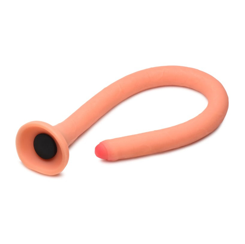 A slim, curved, peach-colored silicone enema hose with a flared base and a pink-tipped end.