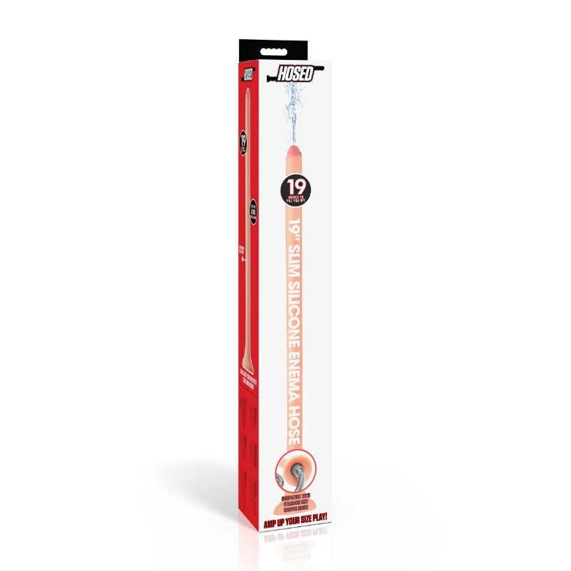 A 19-inch slim silicone enema hose with a realistic shaft.