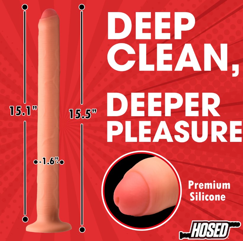 A 15-inch thick silicone enema hose attachment with a realistic design.