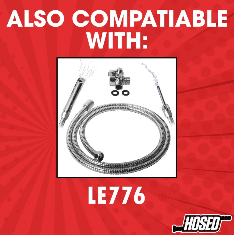 A silver shower hose attachment with a spray nozzle and a T-valve.