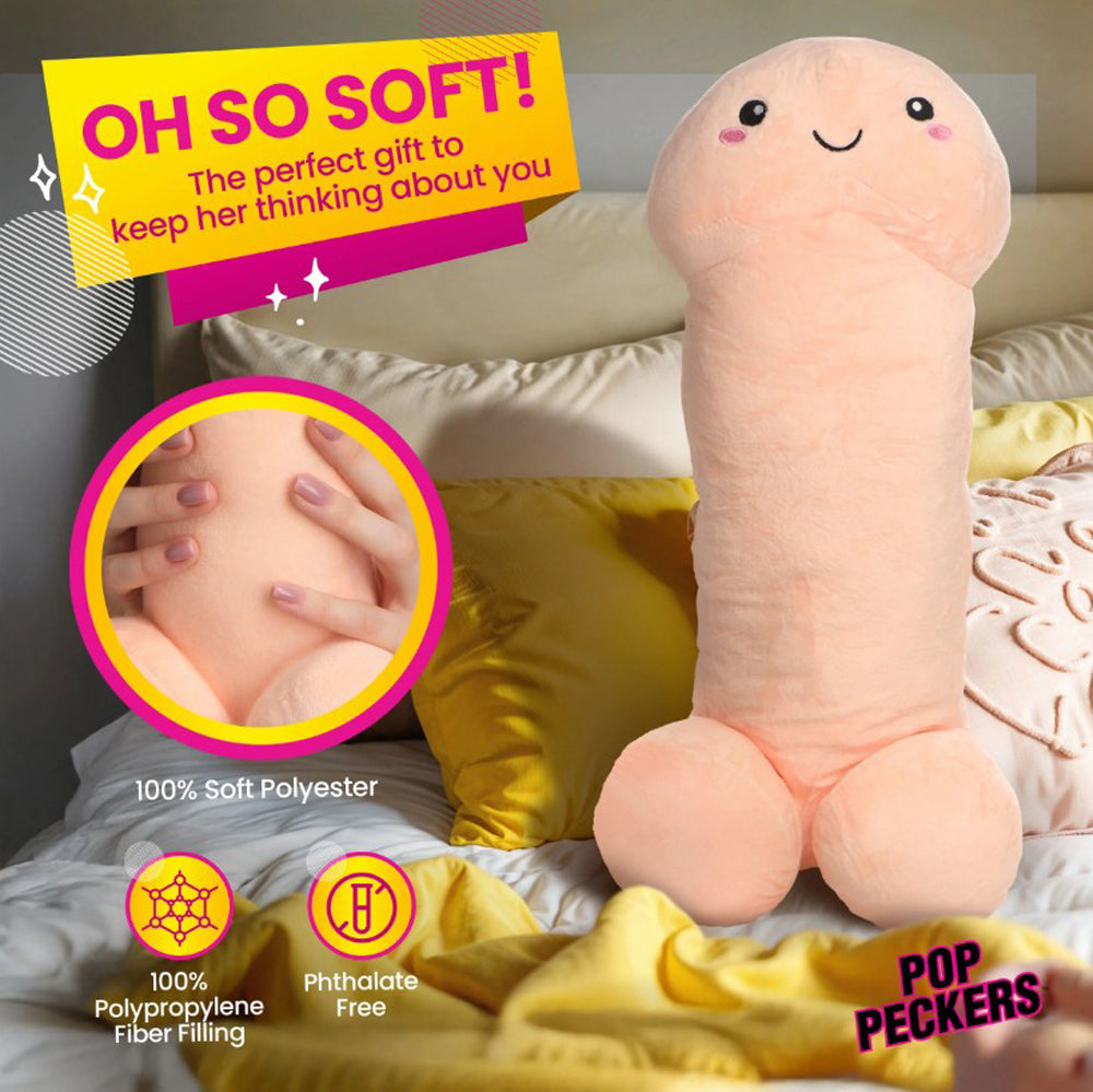 Large plush penis-shaped pillow with a smiling face, made of soft polyester.