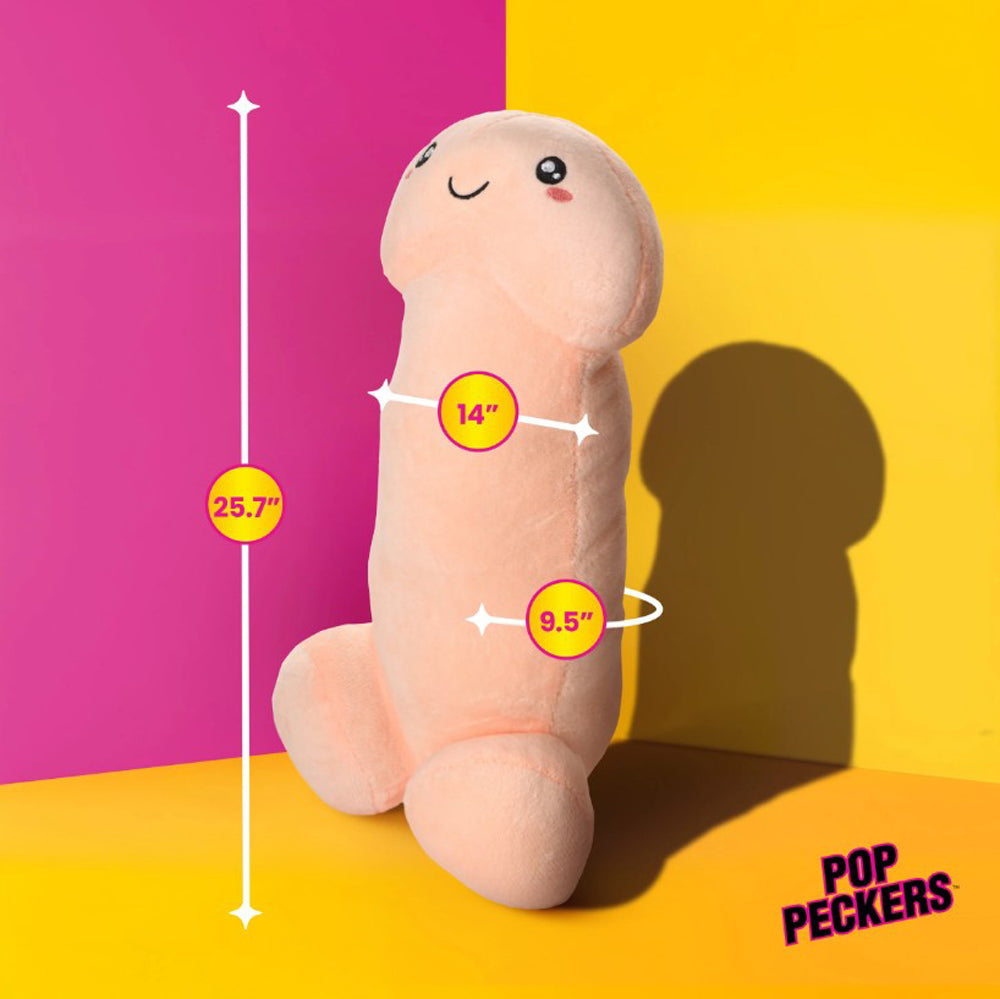 A large, light-pink plush penis pillow with a happy face and size measurements.