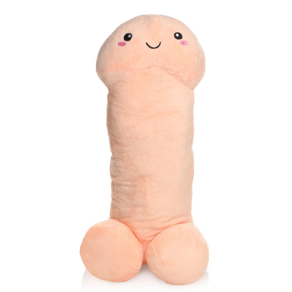 Large plush penis-shaped pillow with a smiling face, made of soft pink polyester.
