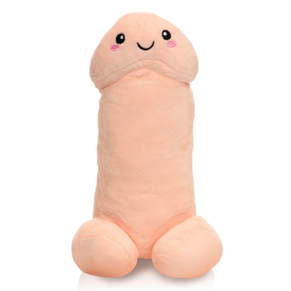 Small soft plush penis-shaped pillow with a cheerful smiling face.