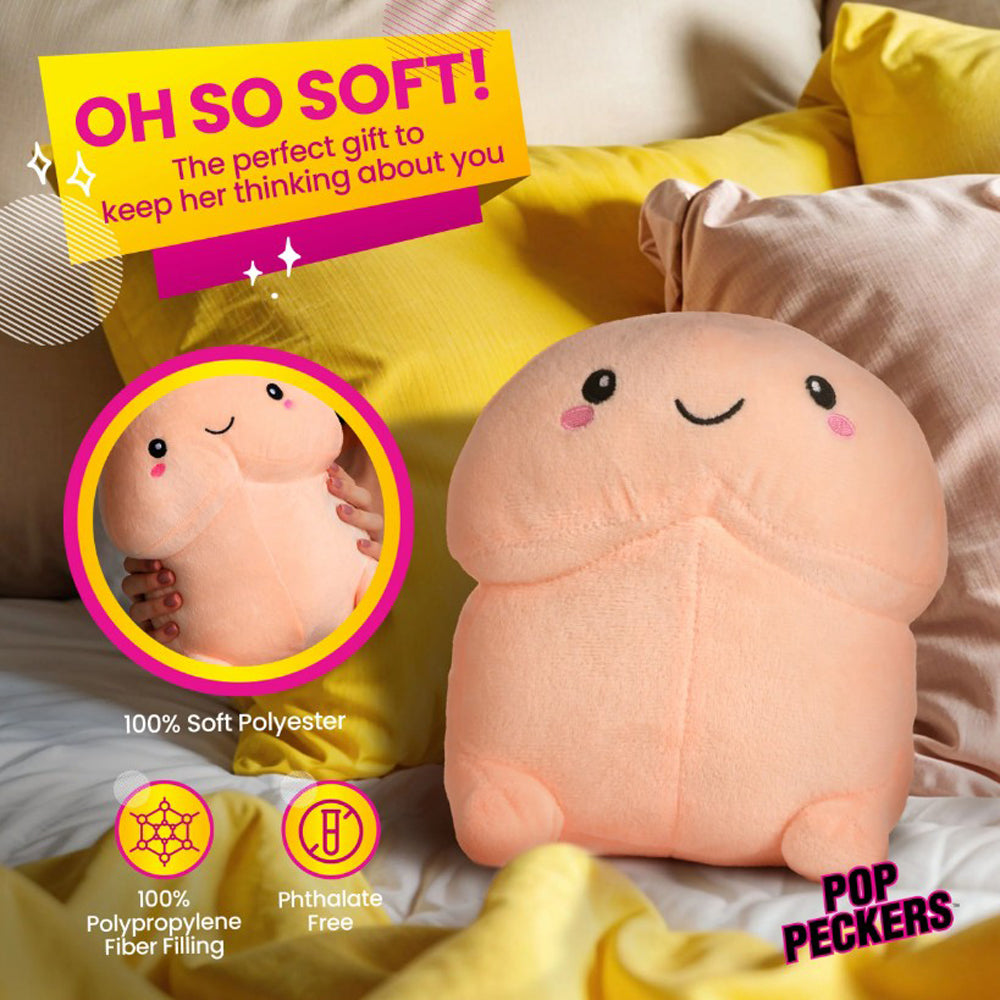 A peach-colored, chibi-style pecker plush pillow with a smiling face.