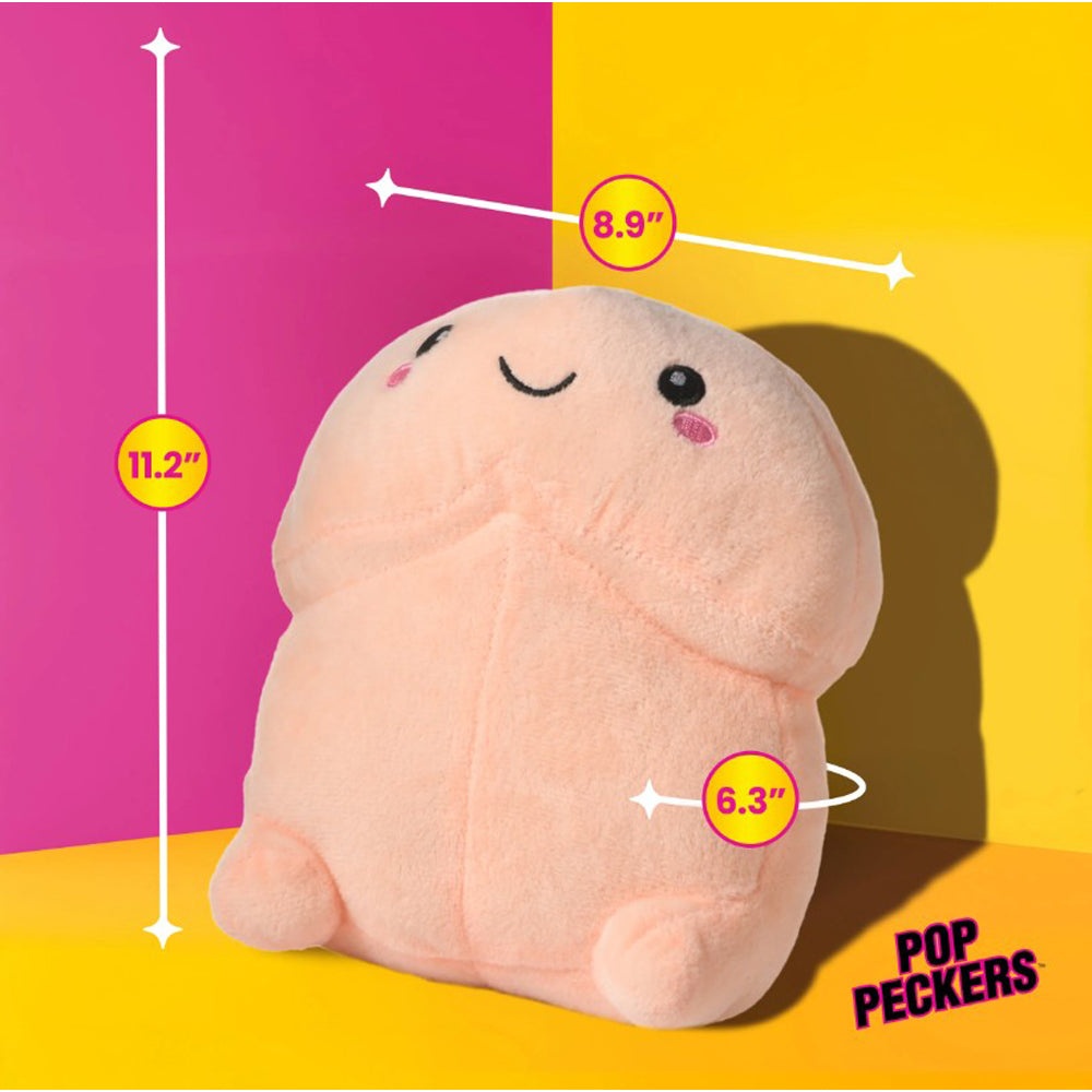 A light pink, chibi-style plush body pillow with a smiling face and measurements indicated.