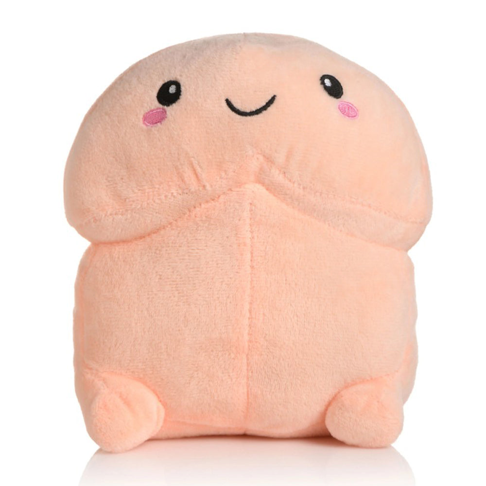 A soft, peach-colored plush toy with a smiling face.