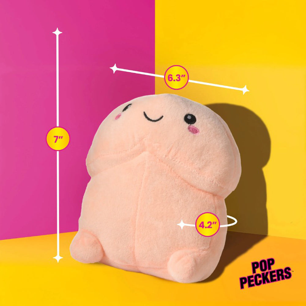 A light pink plush pillow shaped like a pecker with a smiling face, measuring 7 inches tall.