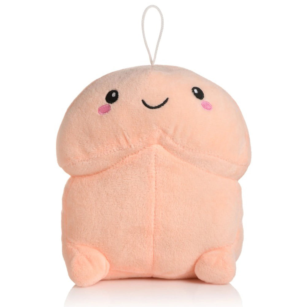 A light peach-colored plush toy with a smiling face and a loop for hanging.